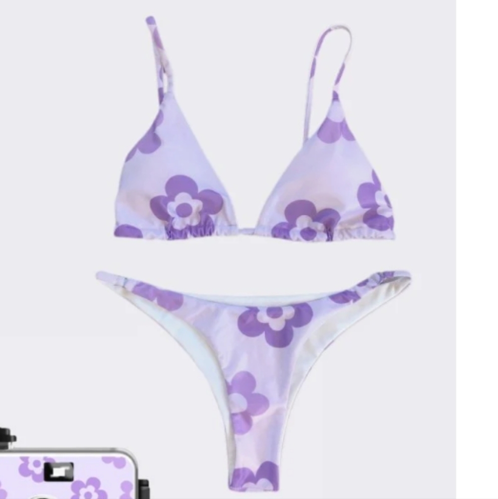 🆕 Shekou Floral Print Cami String Bikini Swimwear - Light Purple L/XL